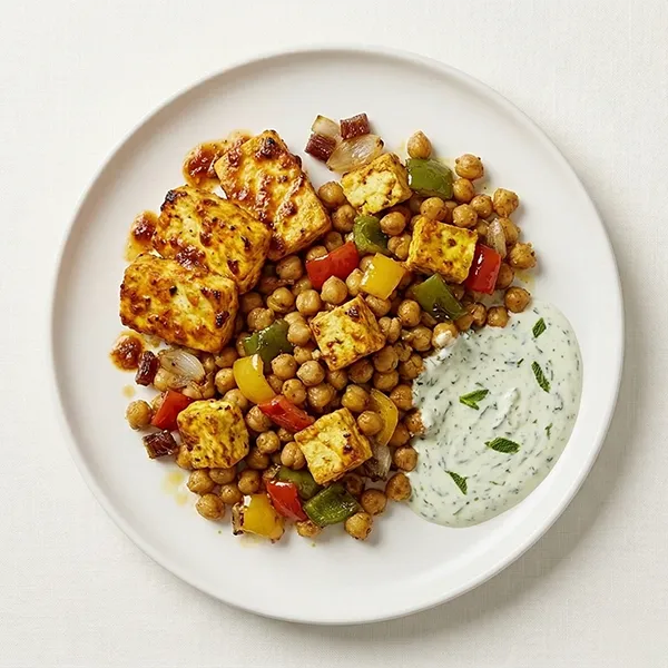Turmeric - Harissa Cottage Cheese, Chickpea Bowl With Bell Pepper And Tahini Yogurt